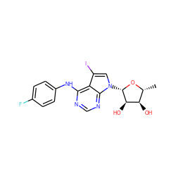 C[C@H]1O[C@@H](n2cc(I)c3c(Nc4ccc(F)cc4)ncnc32)[C@H](O)[C@@H]1O ZINC000013809485