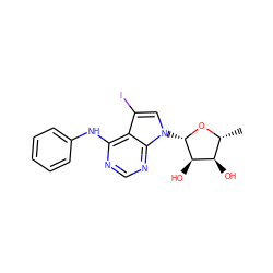 C[C@H]1O[C@@H](n2cc(I)c3c(Nc4ccccc4)ncnc32)[C@H](O)[C@@H]1O ZINC000013809483