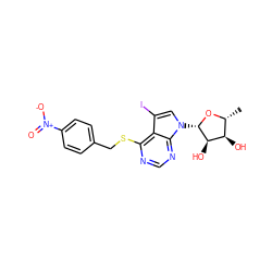 C[C@H]1O[C@@H](n2cc(I)c3c(SCc4ccc([N+](=O)[O-])cc4)ncnc32)[C@H](O)[C@@H]1O ZINC000026730520