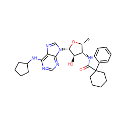 C[C@H]1O[C@@H](n2cnc3c(NC4CCCC4)ncnc32)[C@H](O)[C@H]1NC(=O)C1(c2ccccc2)CCCCC1 ZINC000029544830