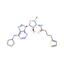 C[C@H]1O[C@@H](n2cnc3c(NC4CCCC4)ncnc32)[C@H](O)[C@H]1NC(=O)CCCc1cccs1 ZINC000013473190