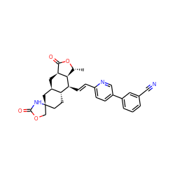 C[C@H]1OC(=O)[C@@H]2C[C@@H]3C[C@@]4(CC[C@H]3[C@H](/C=C/c3ccc(-c5cccc(C#N)c5)cn3)[C@H]12)COC(=O)N4 ZINC000169349835