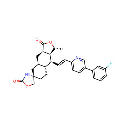 C[C@H]1OC(=O)[C@@H]2C[C@@H]3C[C@@]4(CC[C@H]3[C@H](/C=C/c3ccc(-c5cccc(F)c5)cn3)[C@H]12)COC(=O)N4 ZINC000169349831