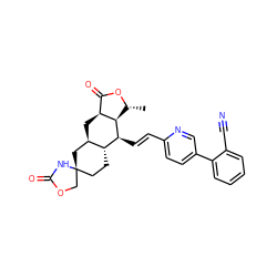 C[C@H]1OC(=O)[C@@H]2C[C@@H]3C[C@@]4(CC[C@H]3[C@H](/C=C/c3ccc(-c5ccccc5C#N)cn3)[C@H]12)COC(=O)N4 ZINC000169349833