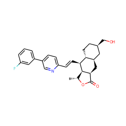 C[C@H]1OC(=O)[C@@H]2C[C@@H]3C[C@H](CO)CC[C@H]3[C@H](/C=C/c3ccc(-c4cccc(F)c4)cn3)[C@H]12 ZINC000103244796