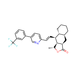 C[C@H]1OC(=O)[C@@H]2C[C@@H]3CCCC[C@H]3[C@H](/C=C/c3ccc(-c4cccc(C(F)(F)F)c4)cn3)[C@H]12 ZINC000003940295