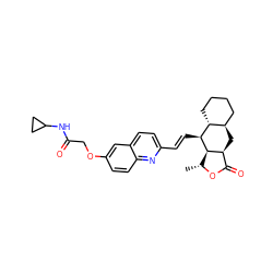 C[C@H]1OC(=O)[C@@H]2C[C@@H]3CCCC[C@H]3[C@H](/C=C/c3ccc4cc(OCC(=O)NC5CC5)ccc4n3)[C@H]12 ZINC000034802814