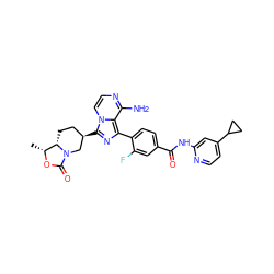 C[C@H]1OC(=O)N2C[C@H](c3nc(-c4ccc(C(=O)Nc5cc(C6CC6)ccn5)cc4F)c4c(N)nccn34)CC[C@@H]12 ZINC000145630241