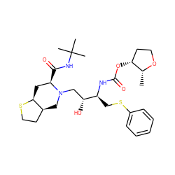 C[C@H]1OCC[C@H]1OC(=O)N[C@@H](CSc1ccccc1)[C@H](O)CN1C[C@H]2CCS[C@H]2C[C@H]1C(=O)NC(C)(C)C ZINC000014942842