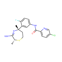 C[C@H]1SCC[C@@](C)(c2cc(NC(=O)c3ccc(Cl)cn3)ccc2F)N=C1N ZINC000201831948