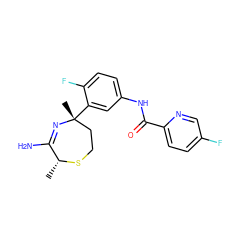 C[C@H]1SCC[C@@](C)(c2cc(NC(=O)c3ccc(F)cn3)ccc2F)N=C1N ZINC000201827484