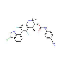 C[C@H]1c2c(cc(F)c(-c3cccc4c(Cl)c[nH]c34)c2F)NC(C)(C)[C@@H]1OC(=O)Nc1ccc(C#N)cc1 ZINC000066097596