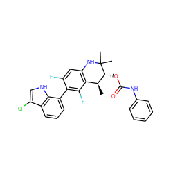 C[C@H]1c2c(cc(F)c(-c3cccc4c(Cl)c[nH]c34)c2F)NC(C)(C)[C@@H]1OC(=O)Nc1ccccc1 ZINC000066076521