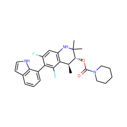 C[C@H]1c2c(cc(F)c(-c3cccc4cc[nH]c34)c2F)NC(C)(C)[C@@H]1OC(=O)N1CCCCC1 ZINC000066074486