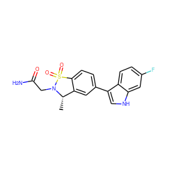 C[C@H]1c2cc(-c3c[nH]c4cc(F)ccc34)ccc2S(=O)(=O)N1CC(N)=O ZINC001772603557