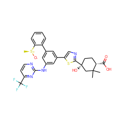 C[S@+]([O-])c1ccccc1-c1cc(Nc2nccc(C(F)(F)F)n2)cc(-c2cnc([C@@]3(O)CC[C@H](C(=O)O)C(C)(C)C3)s2)c1 ZINC000221411211