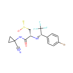 C[S@@+]([O-])C[C@H](N[C@@H](c1ccc(Br)cc1)C(F)(F)F)C(=O)NC1(C#N)CC1 ZINC000014971108