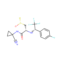 C[S@@+]([O-])C[C@H](N[C@@H](c1ccc(F)cc1)C(F)(F)F)C(=O)NC1(C#N)CC1 ZINC000014971124