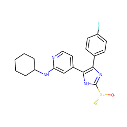 C[S@@+]([O-])c1nc(-c2ccc(F)cc2)c(-c2ccnc(NC3CCCCC3)c2)[nH]1 ZINC000071296683