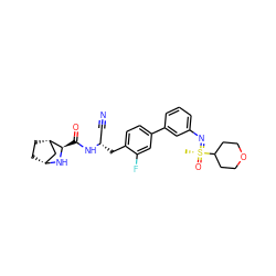 C[S@](=O)(=Nc1cccc(-c2ccc(C[C@@H](C#N)NC(=O)[C@H]3N[C@@H]4CC[C@H]3C4)c(F)c2)c1)C1CCOCC1 ZINC000219324556