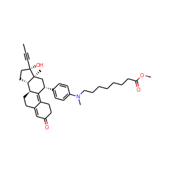 CC#C[C@]1(O)CC[C@H]2[C@@H]3CCC4=CC(=O)CCC4=C3[C@@H](c3ccc(N(C)CCCCCCCC(=O)OC)cc3)C[C@@]21C ZINC000049889305