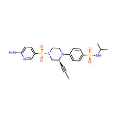 CC#C[C@H]1CN(S(=O)(=O)c2ccc(N)nc2)CCN1c1ccc(S(=O)(=O)NC(C)C)cc1 ZINC000145936320