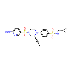 CC#C[C@H]1CN(S(=O)(=O)c2ccc(N)nc2)CCN1c1ccc(S(=O)(=O)NCC2CC2)cc1 ZINC000169313299