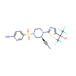 CC#C[C@H]1CN(S(=O)(=O)c2ccc(N)nc2)CCN1c1ncc(C(O)(C(F)(F)F)C(F)(F)F)s1 ZINC000169306865