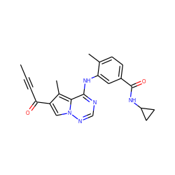 CC#CC(=O)c1cn2ncnc(Nc3cc(C(=O)NC4CC4)ccc3C)c2c1C ZINC000072177110