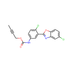 CC#CCOC(=O)Nc1ccc(Cl)c(-c2nc3cc(Cl)ccc3o2)c1 ZINC000029230188