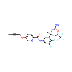 CC#CCOc1ccc(C(=O)Nc2cc(F)c(F)c([C@]3(C)C[C@@H](C(F)(F)F)OC(N)=N3)c2)nc1 ZINC000223521908