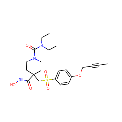 CC#CCOc1ccc(S(=O)(=O)CC2(C(=O)NO)CCN(C(=O)N(CC)CC)CC2)cc1 ZINC000034801903