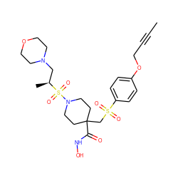 CC#CCOc1ccc(S(=O)(=O)CC2(C(=O)NO)CCN(S(=O)(=O)[C@@H](C)CN3CCOCC3)CC2)cc1 ZINC000028816874