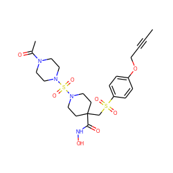 CC#CCOc1ccc(S(=O)(=O)CC2(C(=O)NO)CCN(S(=O)(=O)N3CCN(C(C)=O)CC3)CC2)cc1 ZINC000028816910