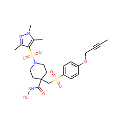 CC#CCOc1ccc(S(=O)(=O)CC2(C(=O)NO)CCN(S(=O)(=O)c3c(C)nn(C)c3C)CC2)cc1 ZINC000028816894