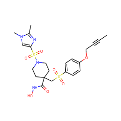 CC#CCOc1ccc(S(=O)(=O)CC2(C(=O)NO)CCN(S(=O)(=O)c3cn(C)c(C)n3)CC2)cc1 ZINC000028816896