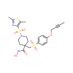 CC#CCOc1ccc(S(=O)(=O)CC2(C(=O)NO)CCN(S(=O)(=O)c3nc(C)sc3C)CC2)cc1 ZINC000028816902