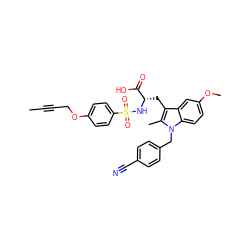 CC#CCOc1ccc(S(=O)(=O)N[C@@H](Cc2c(C)n(Cc3ccc(C#N)cc3)c3ccc(OC)cc23)C(=O)O)cc1 ZINC000042808423