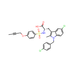 CC#CCOc1ccc(S(=O)(=O)N[C@@H](Cc2c(C)n(Cc3ccc(Cl)cc3)c3ccc(Cl)cc23)C(=O)O)cc1 ZINC000042921302