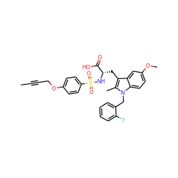 CC#CCOc1ccc(S(=O)(=O)N[C@@H](Cc2c(C)n(Cc3ccccc3F)c3ccc(OC)cc23)C(=O)O)cc1 ZINC000042804627