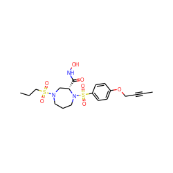 CC#CCOc1ccc(S(=O)(=O)N2CCCN(S(=O)(=O)CCC)C[C@@H]2C(=O)NO)cc1 ZINC000028334494