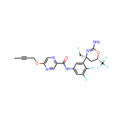 CC#CCOc1cnc(C(=O)Nc2cc(F)c(F)c([C@]3(CF)C[C@@H](C(F)(F)F)OC(N)=N3)c2)cn1 ZINC000221175636