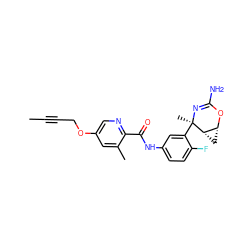 CC#CCOc1cnc(C(=O)Nc2ccc(F)c([C@@]3(C)N=C(N)O[C@@H]4C[C@@H]43)c2)c(C)c1 ZINC000226082179