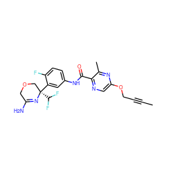 CC#CCOc1cnc(C(=O)Nc2ccc(F)c([C@]3(C(F)F)COCC(N)=N3)c2)c(C)n1 ZINC000113657683