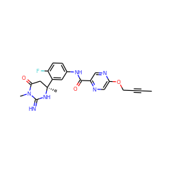 CC#CCOc1cnc(C(=O)Nc2ccc(F)c([C@]3(C)CC(=O)N(C)C(=N)N3)c2)cn1 ZINC001772576613