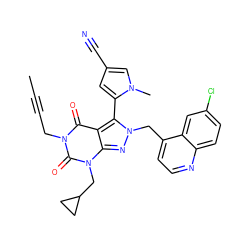 CC#CCn1c(=O)c2c(-c3cc(C#N)cn3C)n(Cc3ccnc4ccc(Cl)cc34)nc2n(CC2CC2)c1=O ZINC000084726812