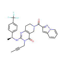 CC#CCn1c(N[C@@H](C)c2ccc(C(F)(F)F)cc2)nc2c(c1=O)CN(C(=O)c1cc3ccccn3n1)CC2 ZINC000113831709