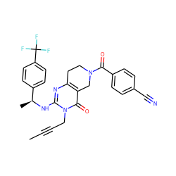 CC#CCn1c(N[C@@H](C)c2ccc(C(F)(F)F)cc2)nc2c(c1=O)CN(C(=O)c1ccc(C#N)cc1)CC2 ZINC000113829184