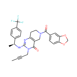 CC#CCn1c(N[C@@H](C)c2ccc(C(F)(F)F)cc2)nc2c(c1=O)CN(C(=O)c1ccc3c(c1)OCO3)CC2 ZINC000113829209