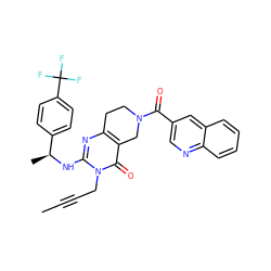 CC#CCn1c(N[C@@H](C)c2ccc(C(F)(F)F)cc2)nc2c(c1=O)CN(C(=O)c1cnc3ccccc3c1)CC2 ZINC000113831846